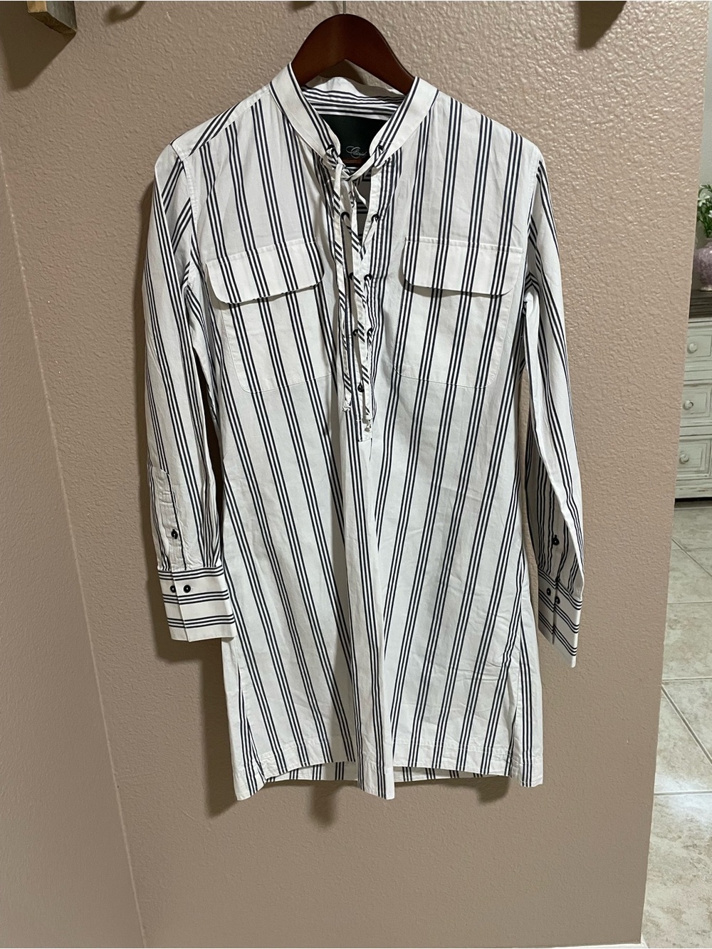 Women's White and Black Vertical Stripe Button-Down Shirt Dress
